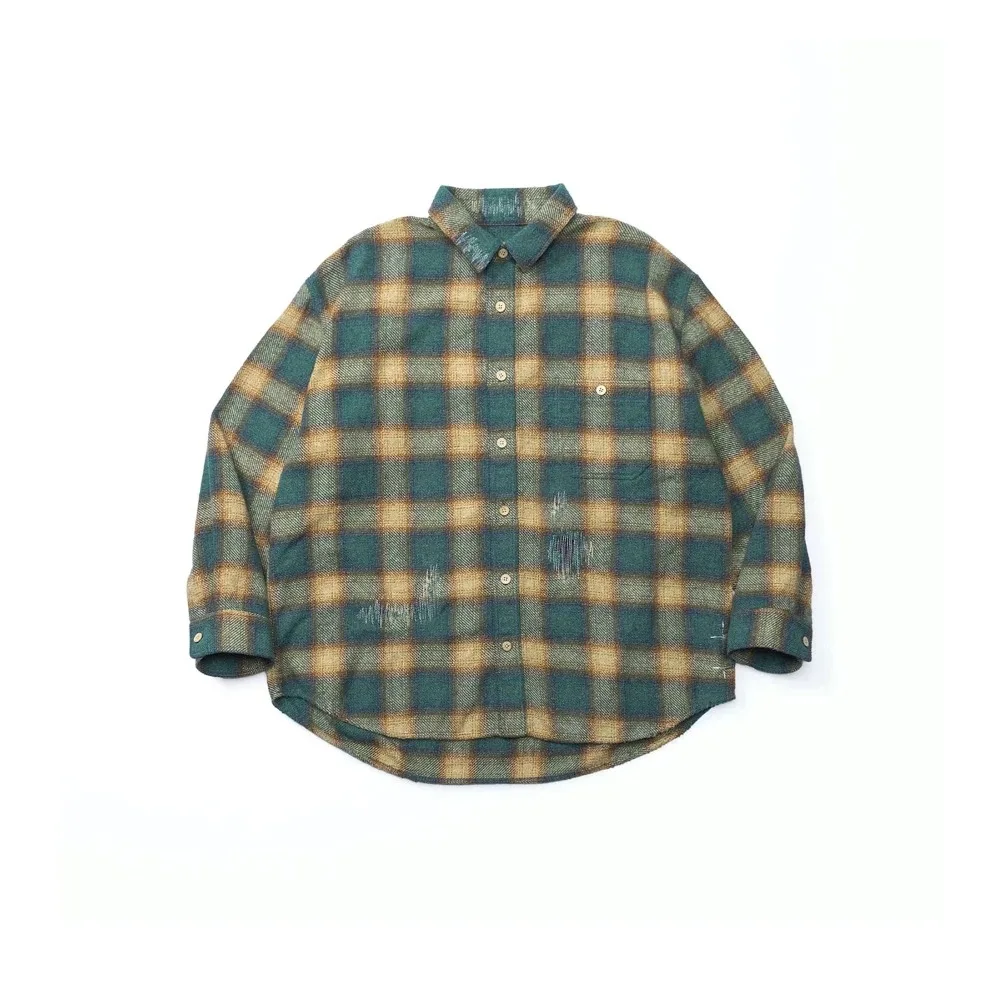

High Quality 25AW Washed Spring and Autumn Flannel Green Checkered Plaid Shirt for Men Japan Style