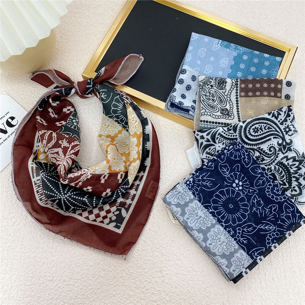 

Cotton Linen Square Scarf Retro Floral Print Neckerchief Small Headscarf Hijab Kerchief Scarf Autumn Women Elegant Neck Scarves