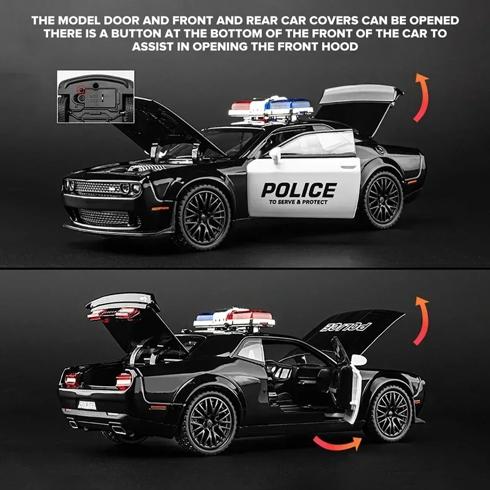 Dodge Hellcat-modelos de coches de policía, juguetes de aleación fundidos a presión, escamas de simulación, modelo extraíble con luz de sonido, juguetes para niños, 1/32
