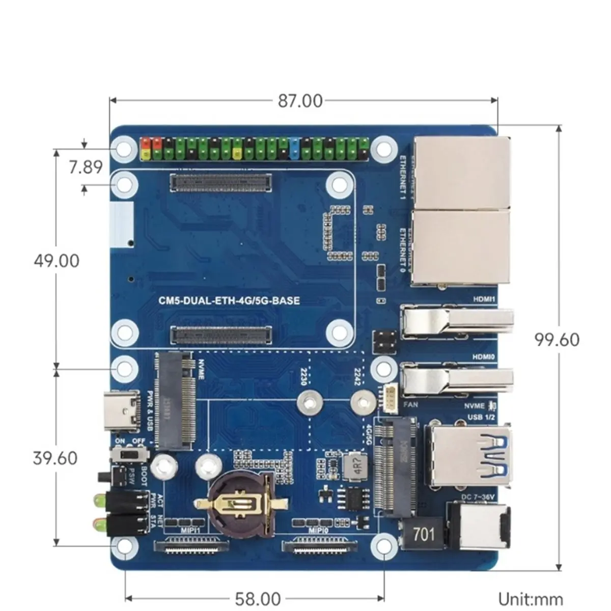Promotion Dual Ethernet Base Board ForCM5, Supports 4G/5G Module, Dual 4K Display Outputs, Dual MIPI Interfaces