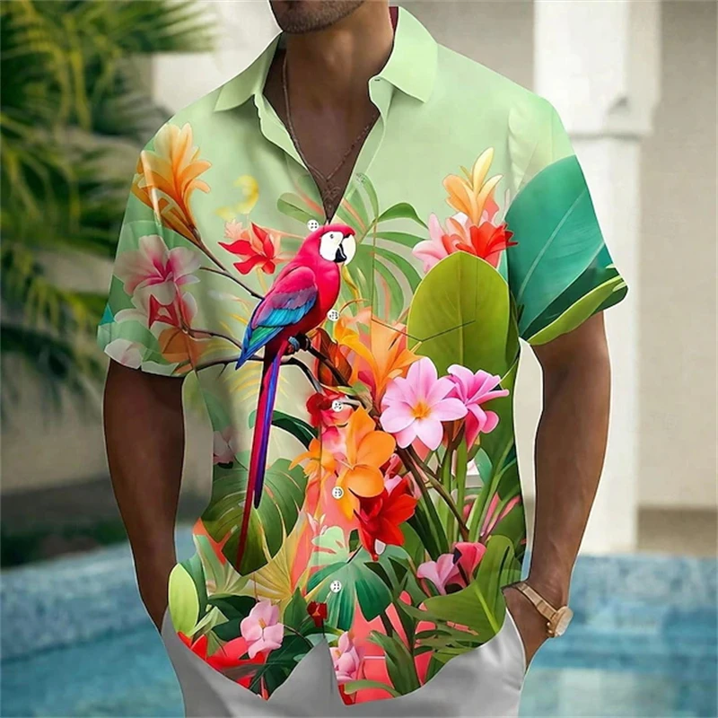

Vibrant Fashion Men's Tropical Floral Parrot Print Hawaii Shirts Casual Short Sleeve Button Up Beach Shirt Unisex Summer Blouse