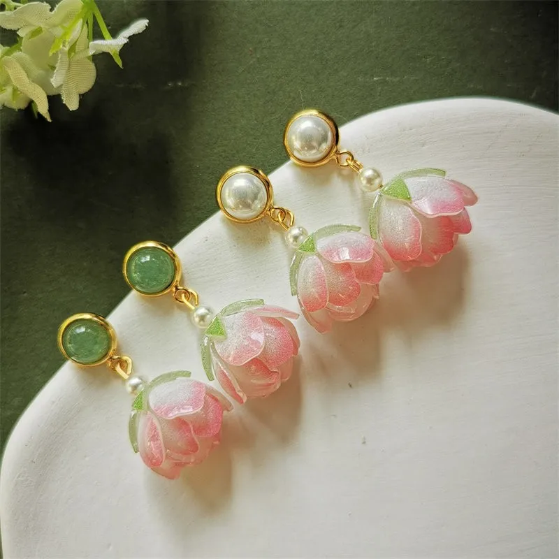 Unique Lotus Flower Drop Earrings Women Elegant Pink Lotus Earrings Chinese Style Statement Jewelry Wholesale Custom Packaging view 2