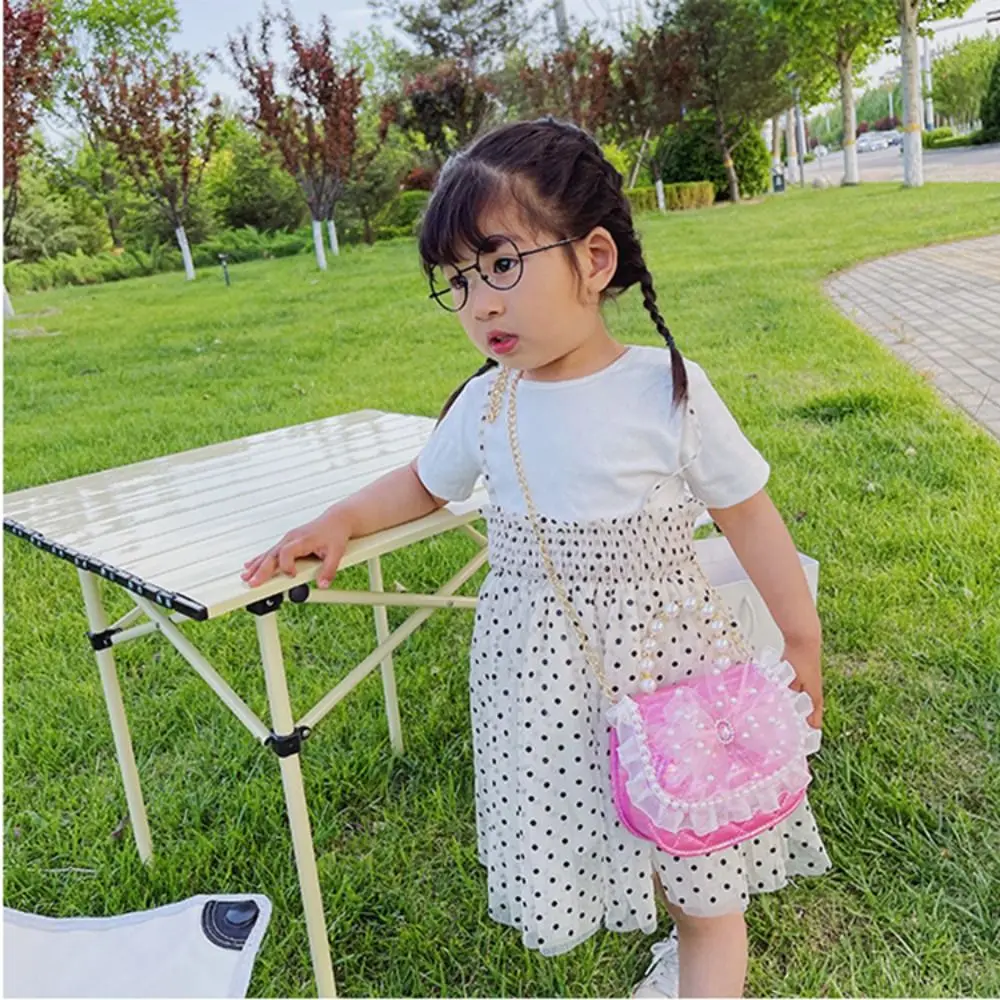 Bow-knot Mini Chain Crossbody Bag Cute Pearl Handle Square Princess Shoulder Bag Coin Purse Clutch Bag Kid's Handbag