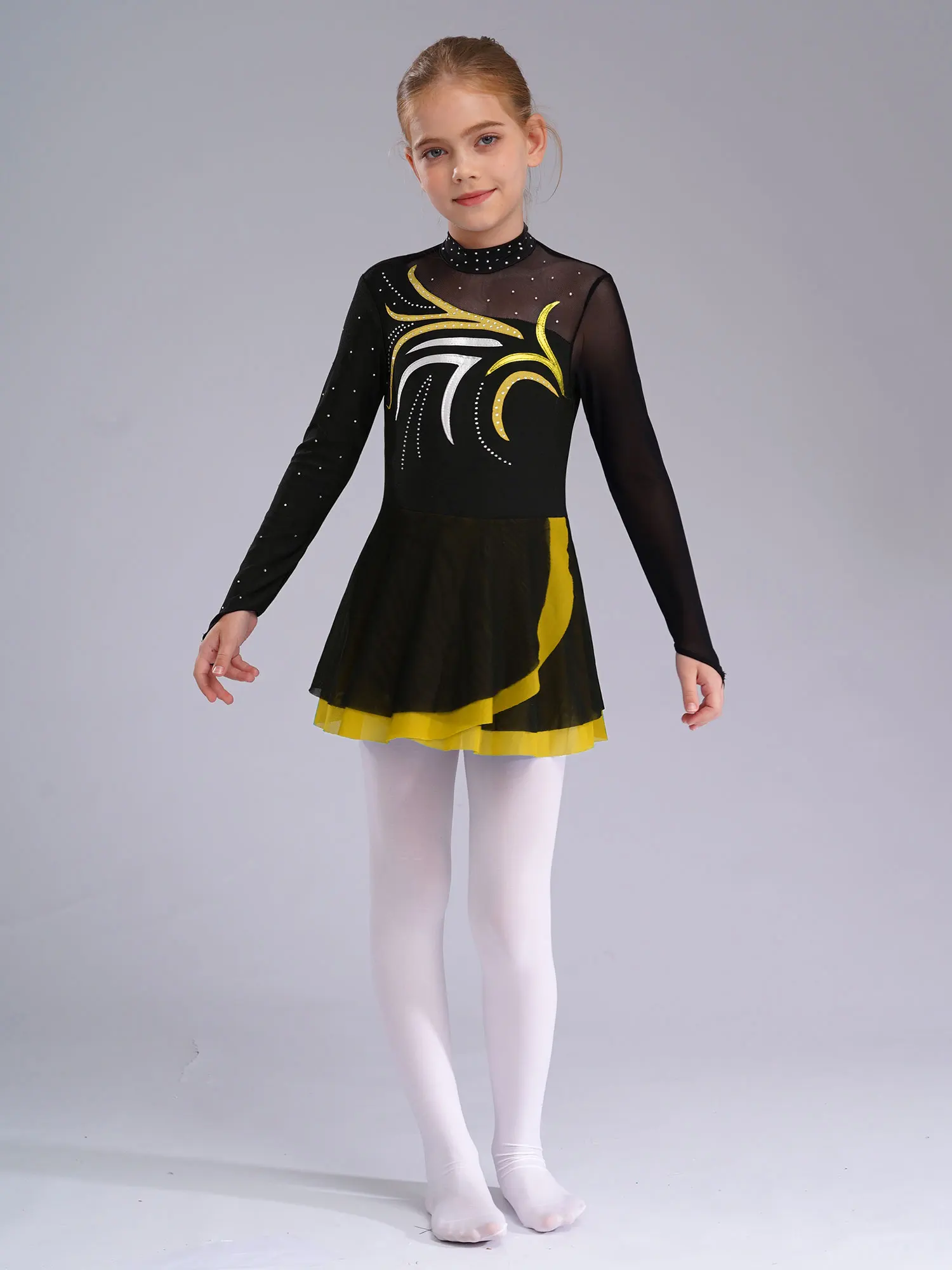 أطفال أداء زي الفتيات بقماش شفاف فستان الباليه الأسطوانة الشكل التزلج فستان رقص سباركلي الراين الجمباز يوتار