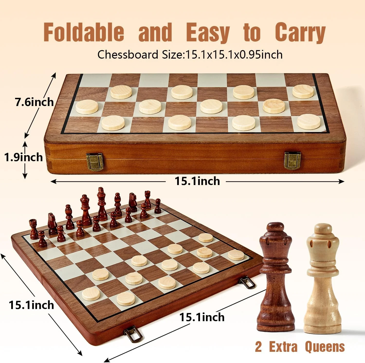 2 in 1 Magnetic Wooden Chess and Checkers Set, 15" Foldable Chess set for Adults & Kids, Chess Board with 2 Extra Queens, Travel