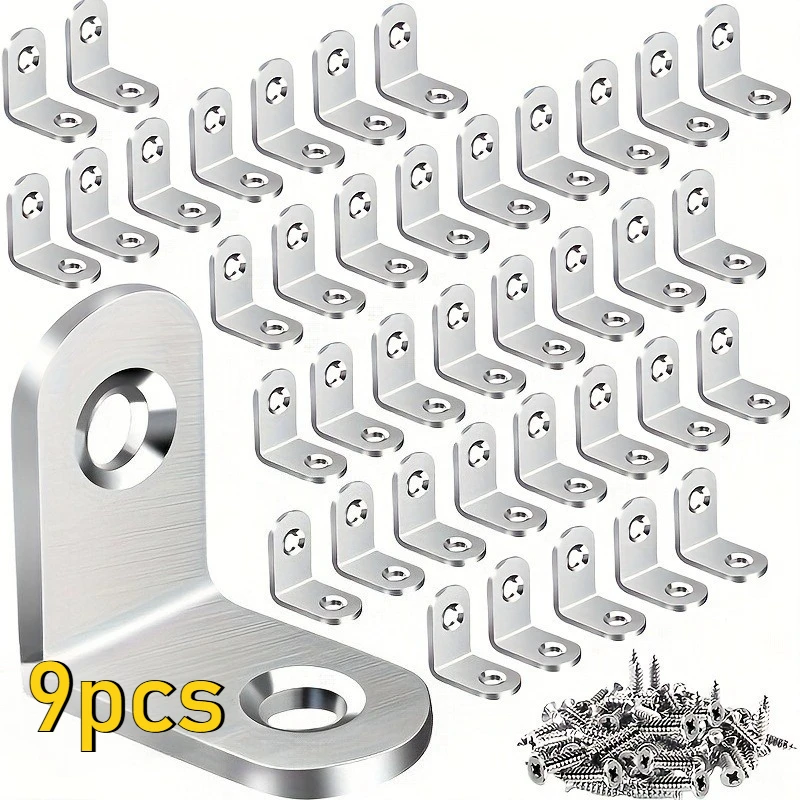 Heavy Duty 9pcs : Durable L-Shape Brackets and Wood Cabinet Screws for Shelves, Wooden Furniture, Cabinets, and Drawers