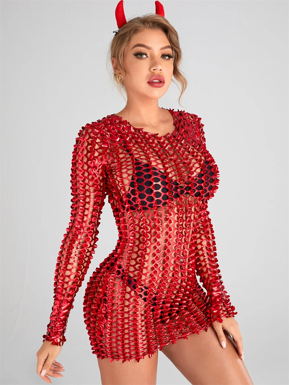 Red Hollow Out Sexy Witch Cosplay Dress Demon Uniform Devil Outfit Sorceress Costume Scary Halloween Costumes For Adults 2024