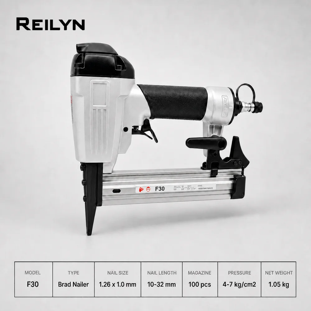 Reilyn 18Ga Air Upholstery Stapler F30 Pneumatic Framing Nailer Accept 10-30mm Brad Nails for Furniture Sheath Woodworking Tools