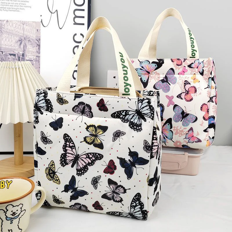 Cartoon Butterfly Printed Pattern Canvas Large Capacity Tote Bag Office Worker Lunch Handbag Storage Bags