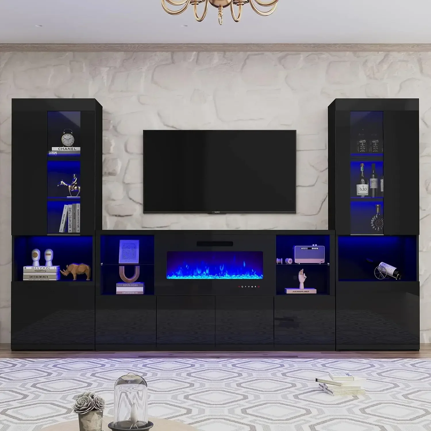 

3Piece Modern High Gloss Fireplace TV Stand+Bookcase Set for Living Room, 68" TV Stand with Fireplace, Bookcase Storage Cabinet