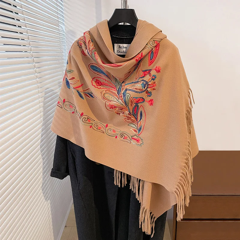 2024 Fashion Luxury Embroidery Scarf Elegant Women Winter Thick Warm Neck Pashmina Long Fringe Scarves Lady Blanket Soft Shawl