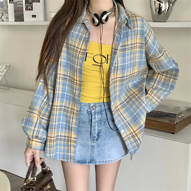 

Women Plaid Shirt Oversized Long Sleeve Button Down Shirt Blouse Female Teen-girl Boyfriend Style Blue Yellow Check Shirts