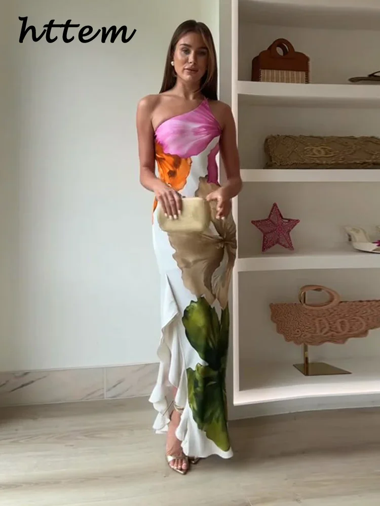 

Elegant Print Single Shoulder Long Dress Women Ruffles Backless Sleeveless Split Vacation Dresses 2025 Summer Lady Beach Robes
