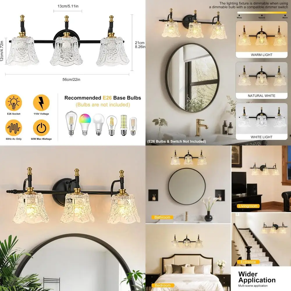 3 شمعدان حائط ذهبي مصقول مع غطاء زهرة زجاجي أبيض لإضاءة الحمام باللونين الأسود والذهبي #1