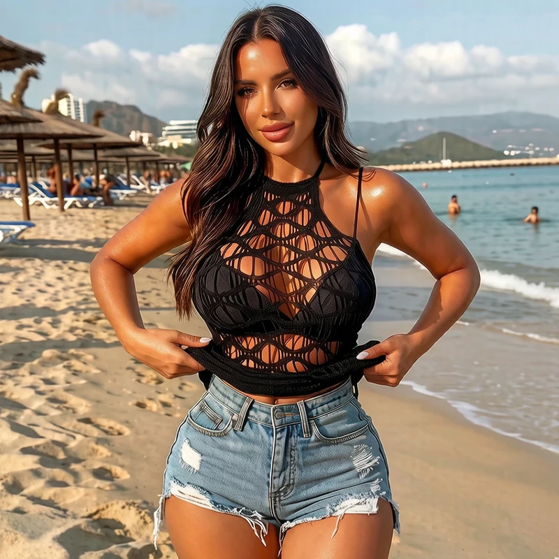 Sexy Crochet Beach Cover Up Hollow Out Fishnet Dress Women Summer Sheer Mesh Swimsuit Rave Outfit