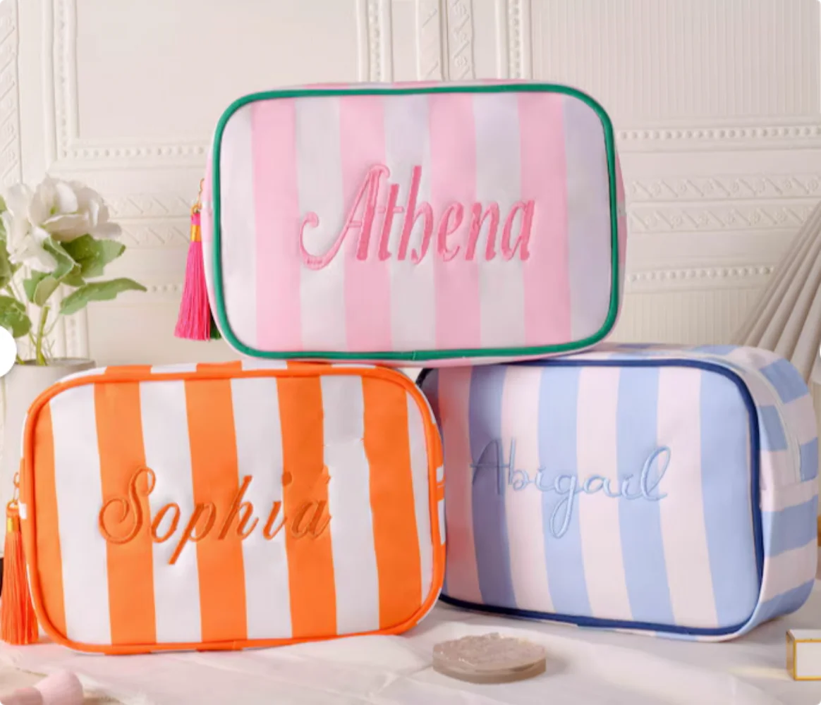Personalized Embroidered Name Makeup Bag, Monogramed Toiletries Bag, Ladies Travel Storage Bag, Striped Tassel Toiletry Bag