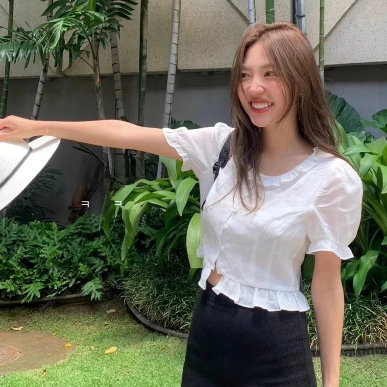 

Летний топ Sweet Tannat с круглым вырезом, коротким рукавом, на одной пуговице, с цветочным принтом, в корейском стиле, свободного кроя, дышащий, приятный для кожи