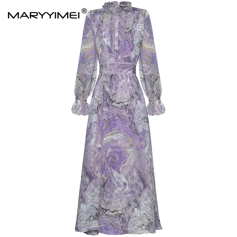 Mary yimei-Vestido largo de manga larga con cuello levantado para mujer, prenda estampada con cordones y borde con volantes, moda de diseñador, primavera 2024