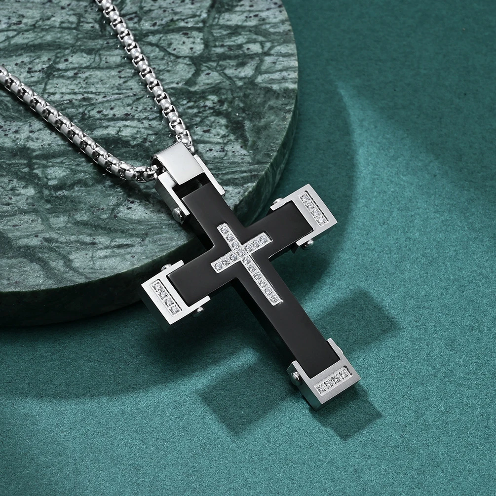 Five Piece Combination rRoom Electric Black cross Inlaid White Zircon Necklace Punk Personality Men's Pendant Accessory Necklace