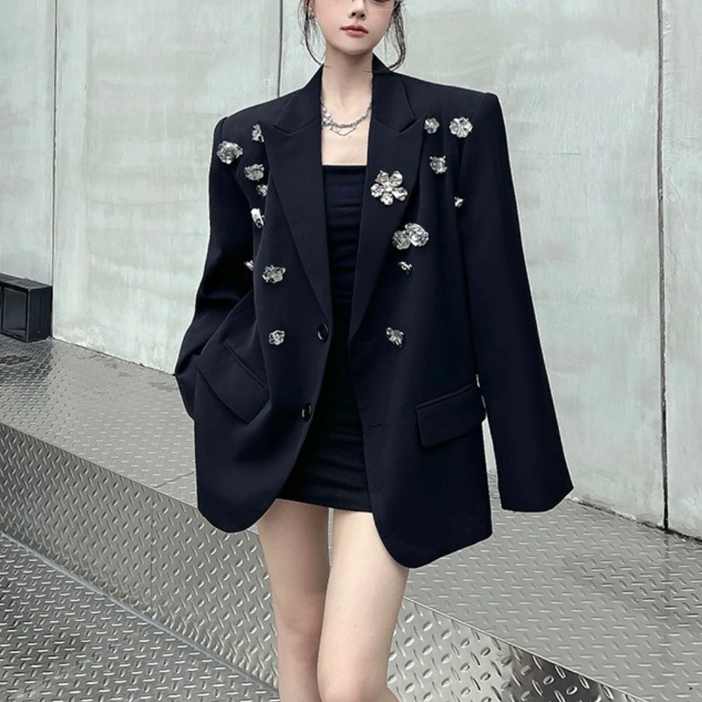 TWOTWINSTYLE Black Spliced 3D Flowers Chic Jacket Female Lapel Long Sleeve Loose Temperament Women's Jackets Autumn Fashion New