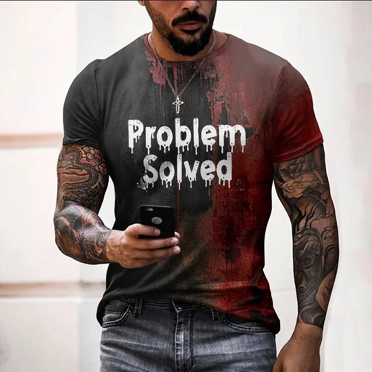 Halloween Men's T-Shirt Problem Solved Graphic Casual Short Sleeve O Neck Pullover Streetwear Sport Outdoor Tops Tee Oversized