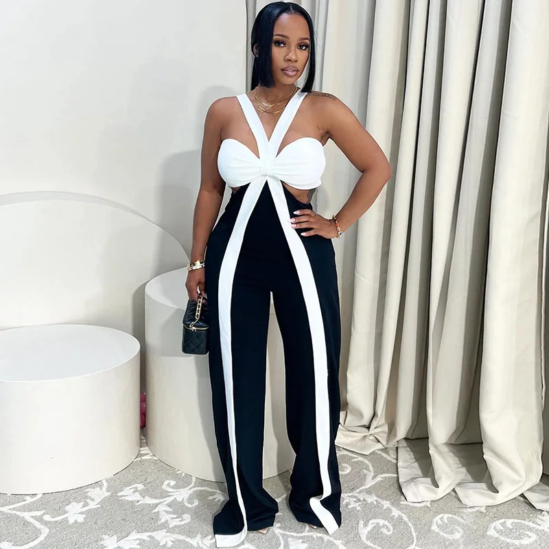 

Элегантный лоскутный полосатый комбинезон, женские комбинезоны без рукавов, без бретелек, с высокой талией, широкий комбинезон, клубные комбинезоны Femme