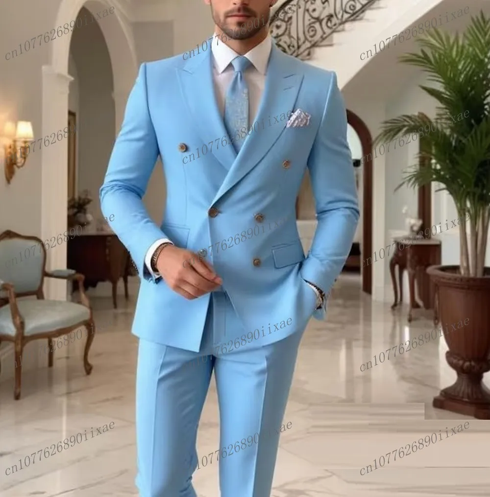 

High Quality Formal Occasion Sky Blue Men Suit Groomsman Groom Wedding Party Business Prom Male Tuxedos 2 Piece Set Blazer Pants