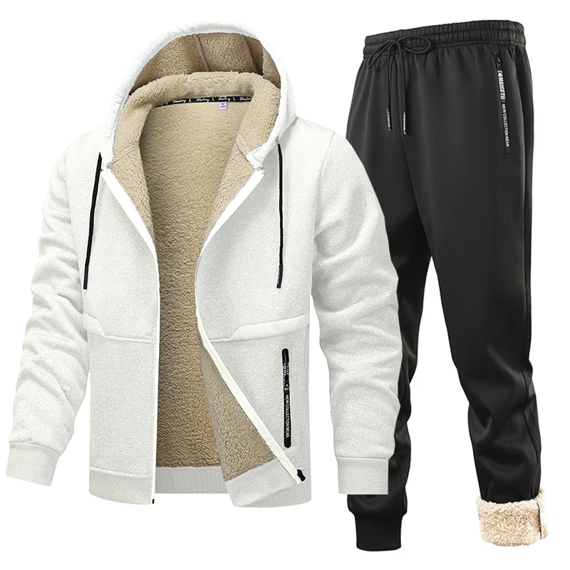 

Men's Thickened Lamb Velvet Hooded Jacket And Pants Set Winter Sports Outfit European Size Long Sleeve Long Pants Polyester F...