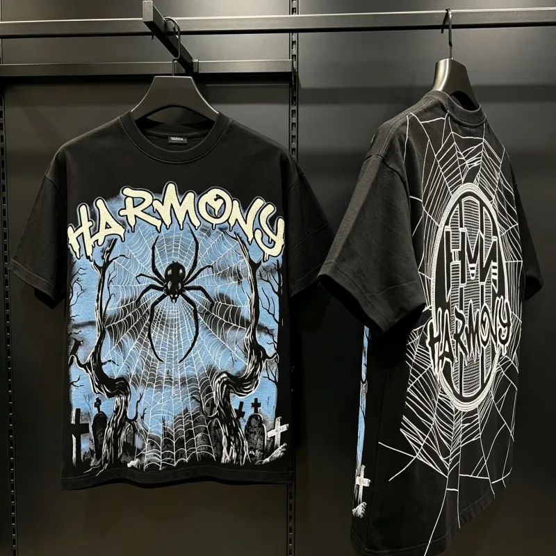 Summer Retro Distressed HARMONY Tshirts Washed Black Spider Web Cross Tomb Print Round Neck Short Sleeve Men Women Street Outfit