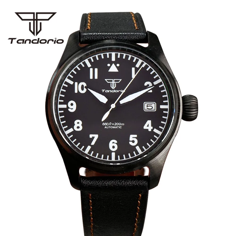 Tandorio PVD nero Pilot Aviator 39mm 20Bar Dive Men Orologio automatico NH35A Movimento Data Display Vetro zaffiro Grande corona a vite