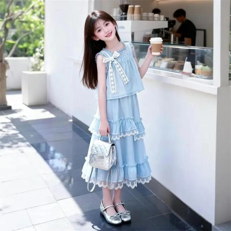 

2026 Children Kawaii Little Flying Sleeve T-Shirt Set Summer New Style Girls Short Sleeve Cake Skirt 2Pcs Comfort Sweet Clothe