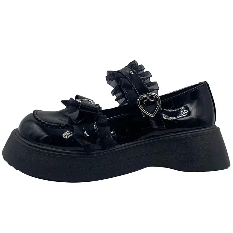 Ladies Sweet Lace Bowknot Lolita Shoes Women Heart Buckle Patent Leather PU Mary Janes Woman Round Toe Platform Flats Shoes