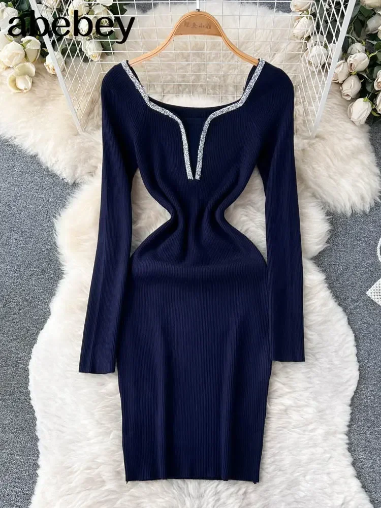 Retro Slim Bodycon ชุดถักอารมณ์แขนยาวยืดเสื้อกันหนาว bodycon สแควร์ผู้หญิงฤดูหนาวชุดสั้น
