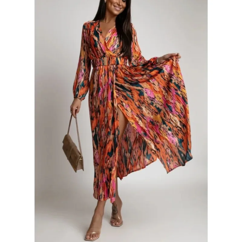 

Women's Spring/Summer Dress Fashionable Colorful Printed V-neck Long Sleeved Elegant Dress Casual Belt Holiday Dress