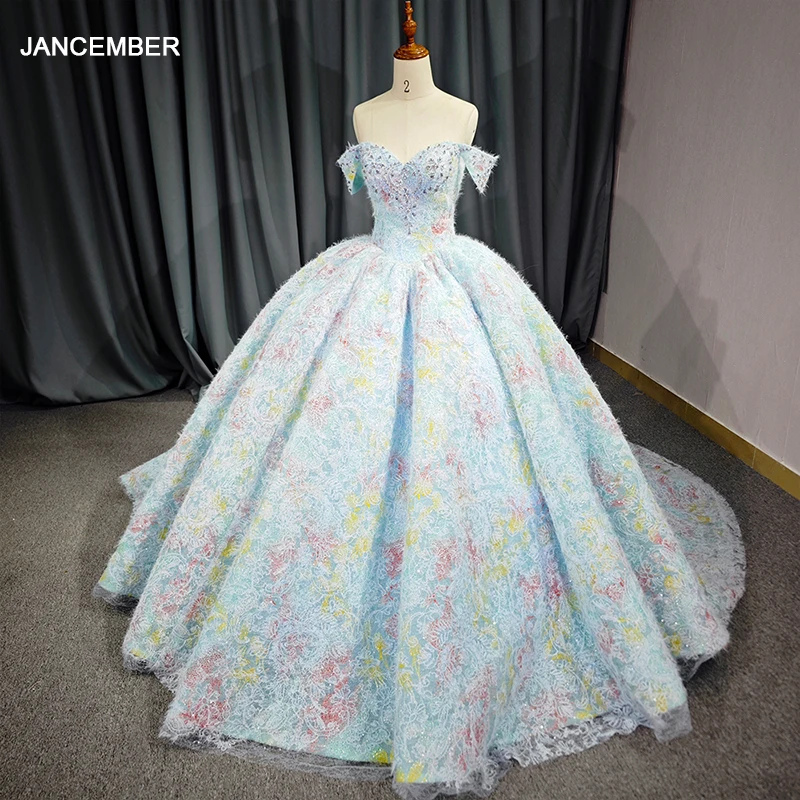 

Jancember Customization Romantic Quinceanera Dresses Ball Gown Short Sleeves Beading Lace vestidos de 15 quinceañera DY6737