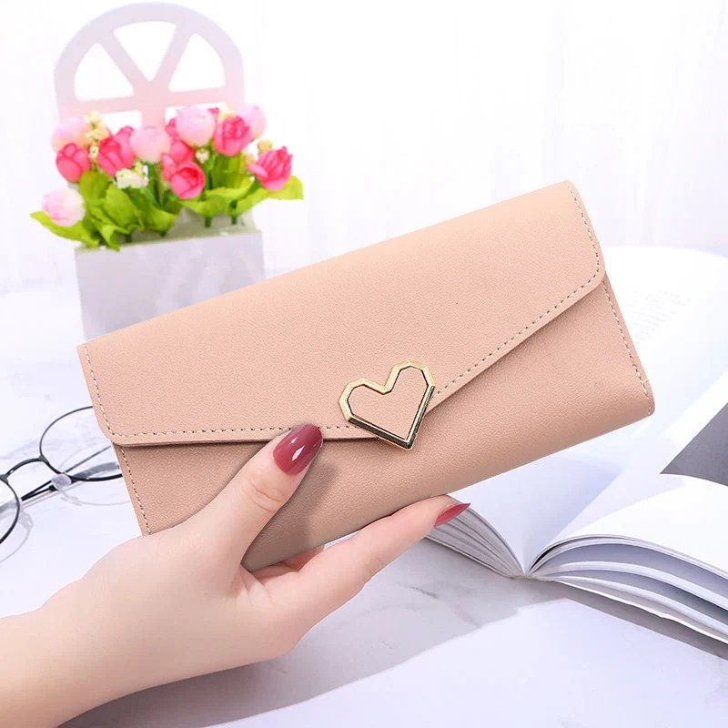 

Korean INS Style Plain Heart Card Wallet Women's Long Multi-card Slot Buckle Mobile Phone Women's Wallet Women's Long Wallet