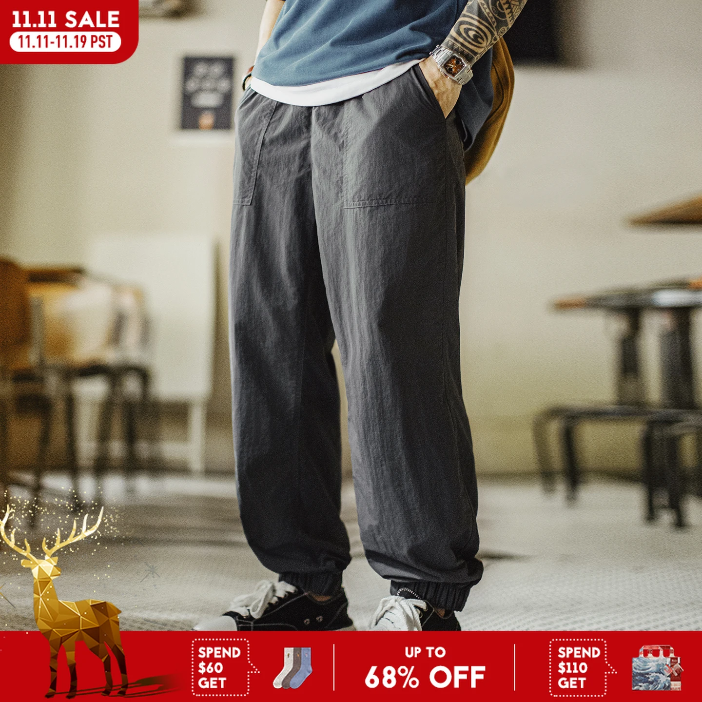 

Maden Men's Lightweight Cuffed Casula Pants Outdoor Water-Repellent Trousers Elastic Waist Solid Color Long Pants for Streetwear