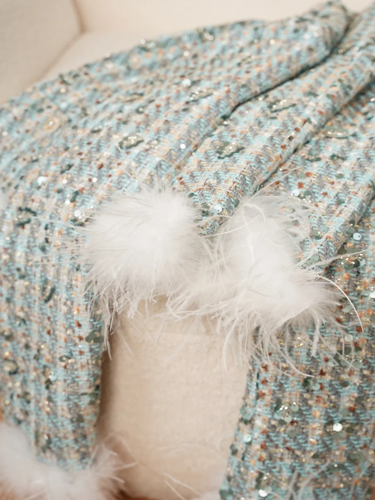 

Ele ort Feathered Bouclé Woolen Jaet iny Sequin Top Ladylike Early Autumn Faion Dry Bright Women's Outerwear