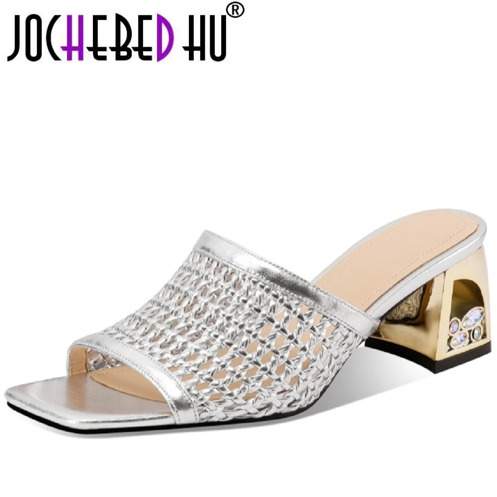 

【JOCHEBED HU】Handmade Genuine Leather Breathable and comfortable Summer New Fashionable High Heel Slippers 33-43