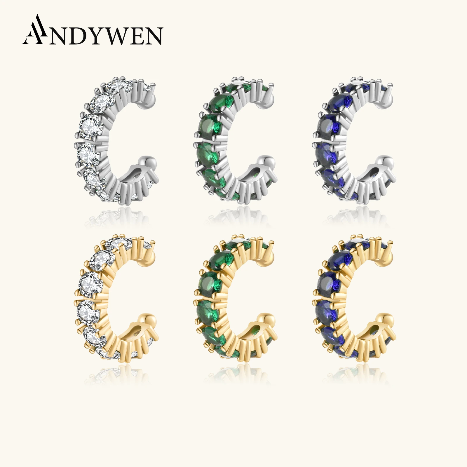 

ANDYWEN 925 пробы серебряные новые 2023 прозрачные циркониевые Зеленые Синие клипсы для пирсинга Серьги-манжеты женские роскошные изысканные ювелирные изделия