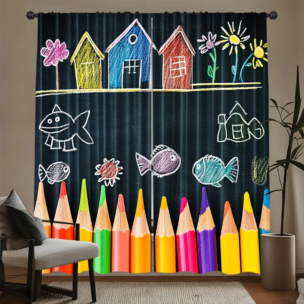 chalkboard style curtain with colorful pencils houses and fish for kids room privacy and decor playful art style Quick Setup