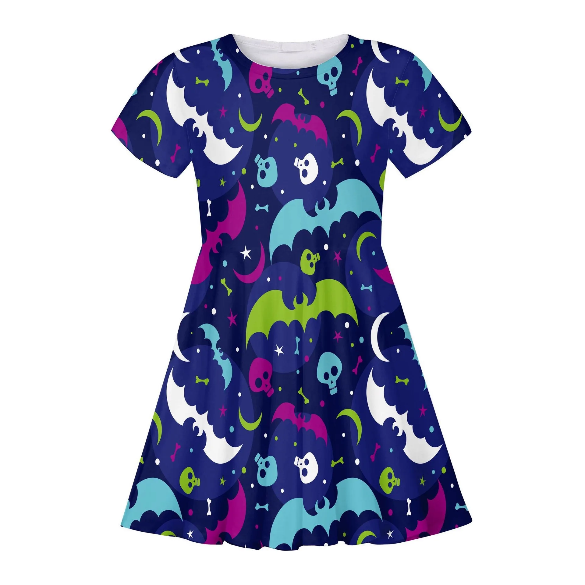 Wonderful Halloween Trick Bat Skeleton Little Devil 3D Digital Printed Short Sleeved Dress