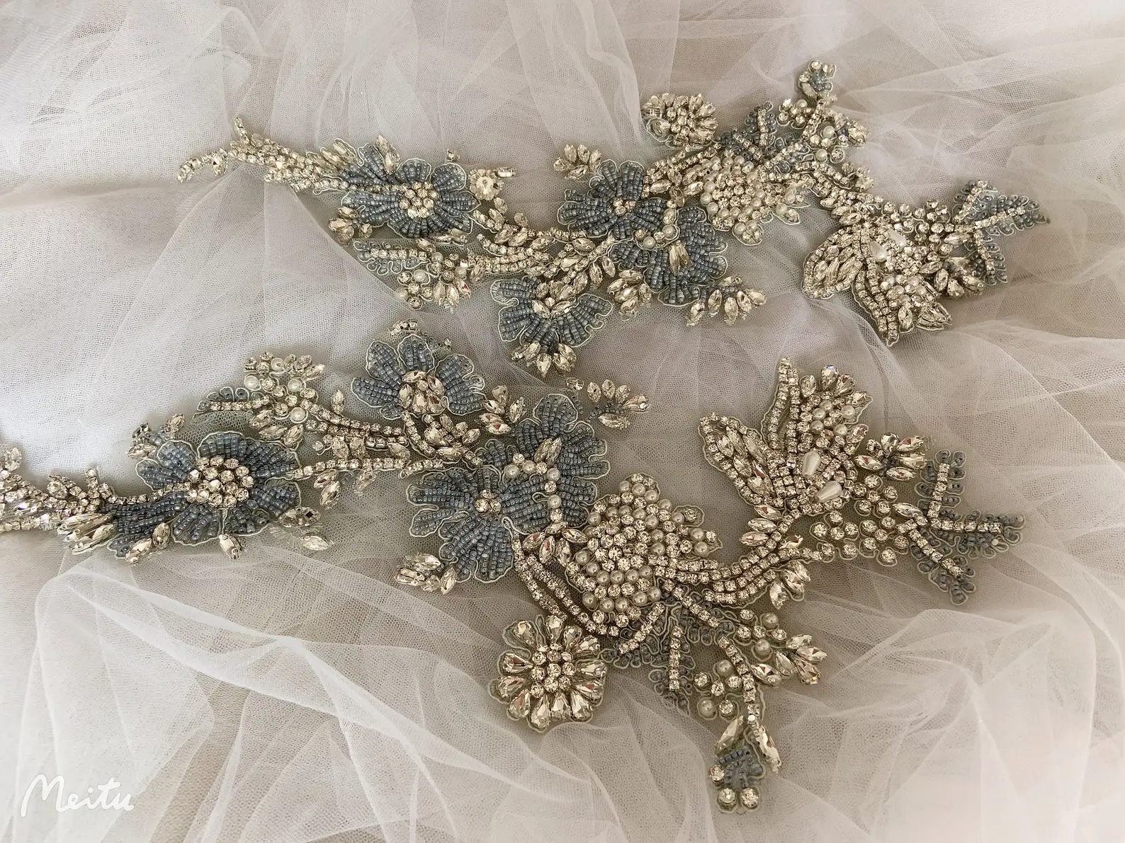 Dust Blue Rhinestone Applique with Florals for Ball Gowns,  Wedding Dress, Dance Costume