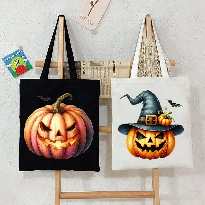 

Vintage Style Pumpkin Witch Hat Graphic Canvas Tote Bag Women Men Halloween Shopping Bags Horror Casual Pumpkin Shoulder Bag