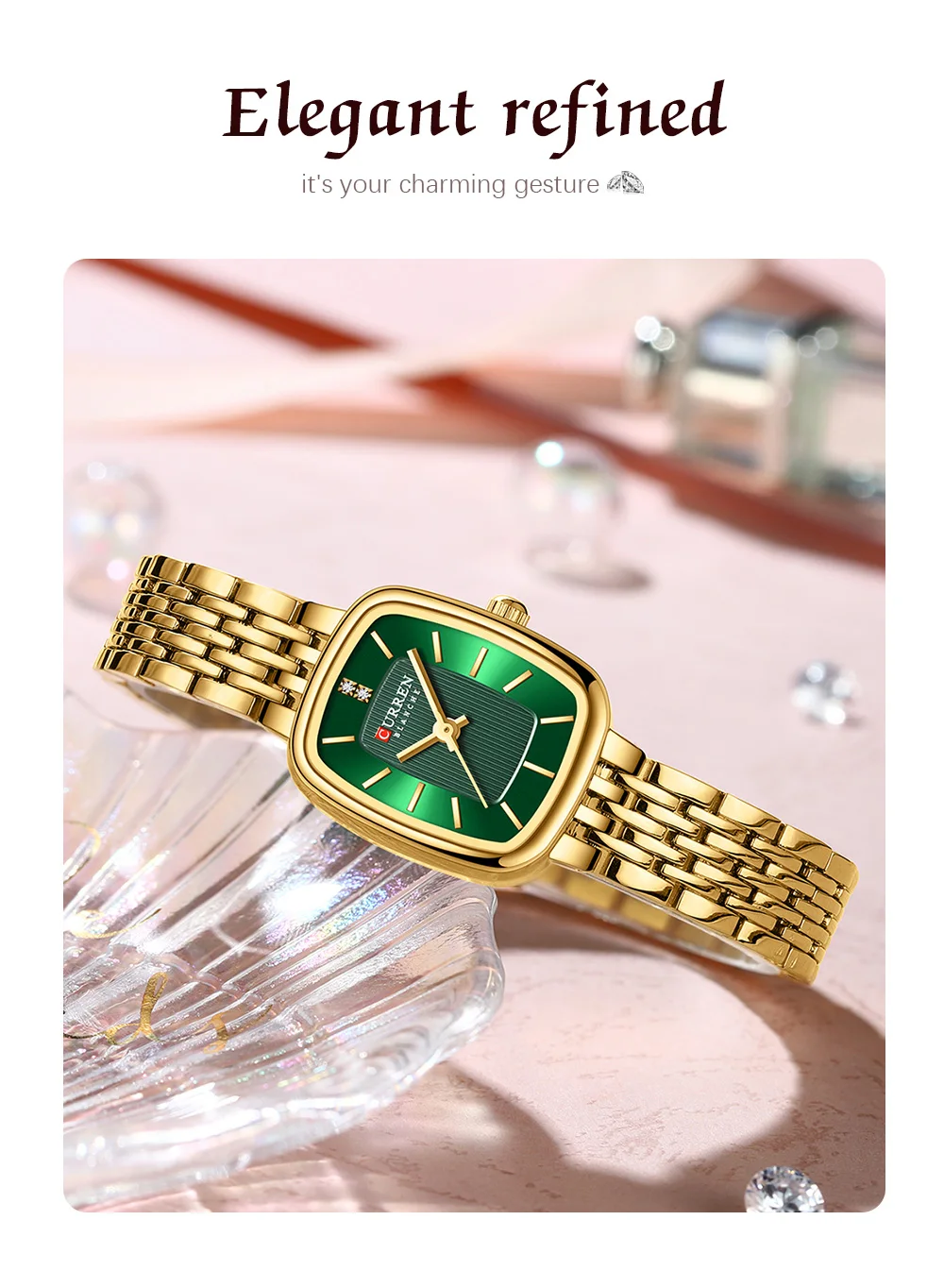 Curren 9093 Damen-Quarzuhr, wasserdicht, luxuriös, Party-Damenuhr, elegantes goldenes rechteckiges Zifferblatt, Quarzuhr, Armband, Geschenk – Detail 10