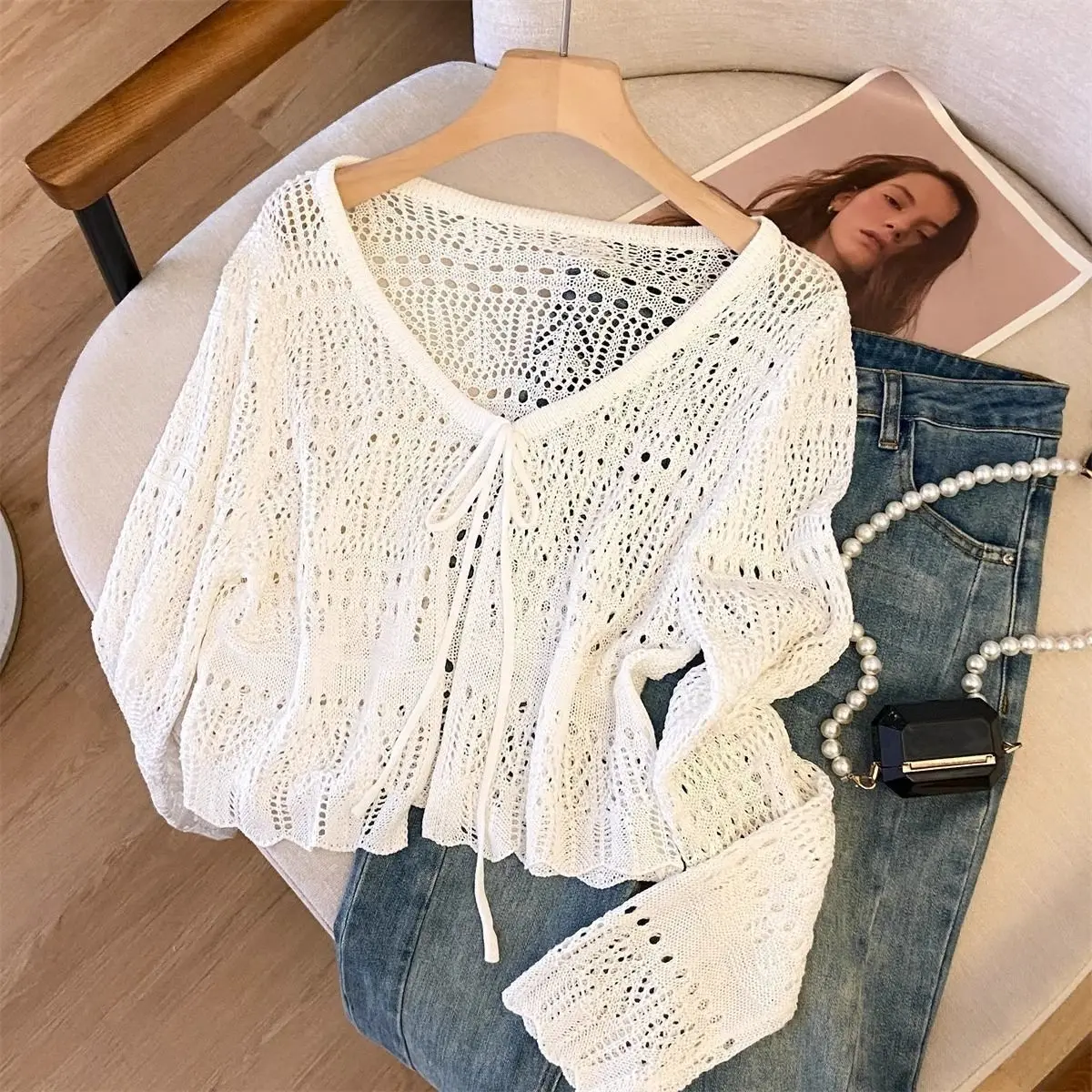 Damen Strick-Cardigan mit langen Ärmeln und UV-Schutz, sexy Hohlstrick-Jacke mit Schnürung, V-Ausschnitt, vielseitiger Schal-Top für den Sommer 2026 – Detail 9