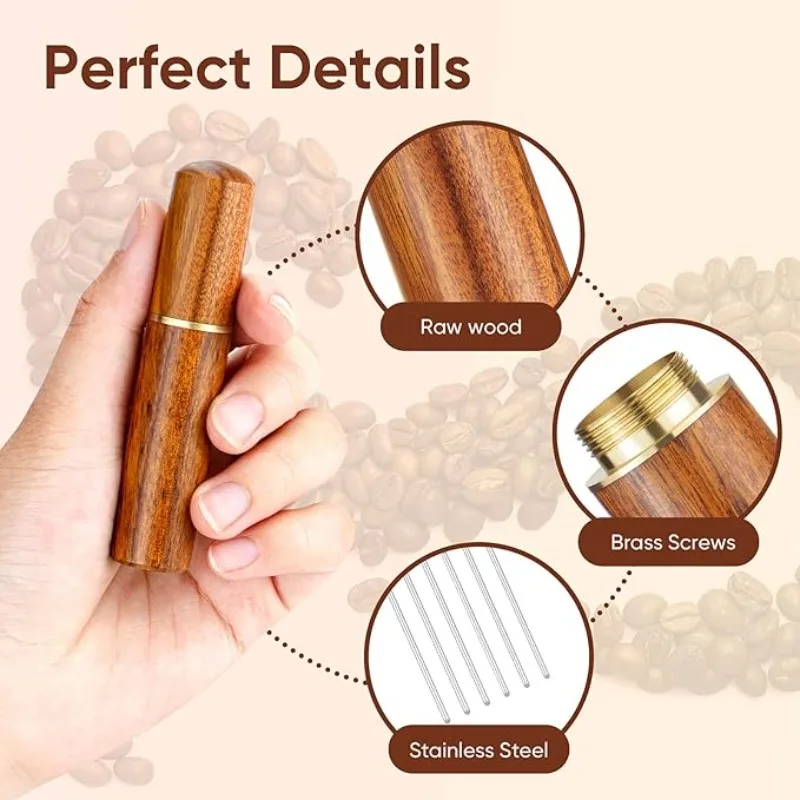 6 Needles Coffee Distribution Tool Stainless Steel Coffee Stirring Tool with Natural Wood Handle Base Barista Accessory Home Use