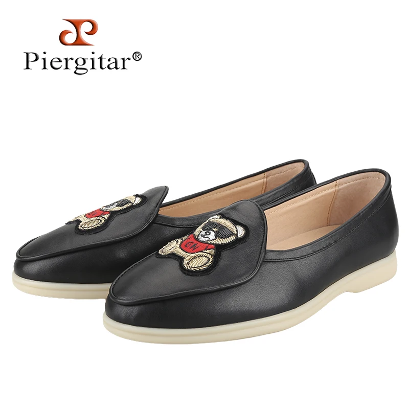Piergitar Italy Imported Swift Napa Leather Men's Loafers With Handcrafted Bear Silk Applique Slip-On Summer Walk/Fly Flats