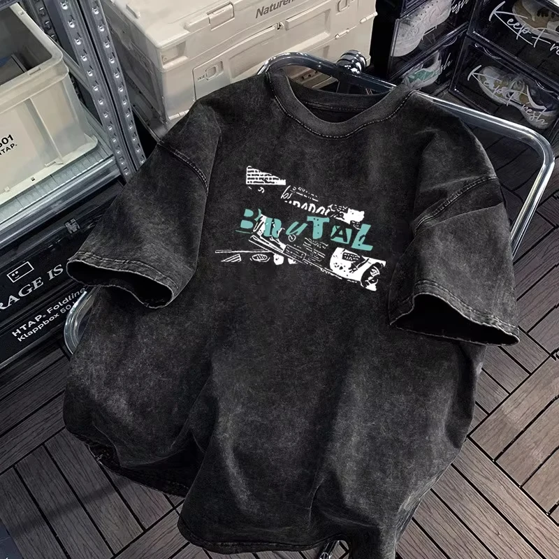 

Мужская футболка в стиле ретро, американская уличная стираная старая тяжелая футболка с коротким рукавом, модная модная удобная свободная футболка с половиной рукава