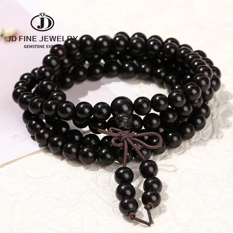 JD 6 8mm Natural Black Sandalwood Buddhist Buddha Bracelet Women Men 108 Wood Prayer Bead Mala Meditation Bangles Jewelry Bijoux